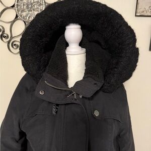 DKNY Black Puffer Coat with Fur Hood